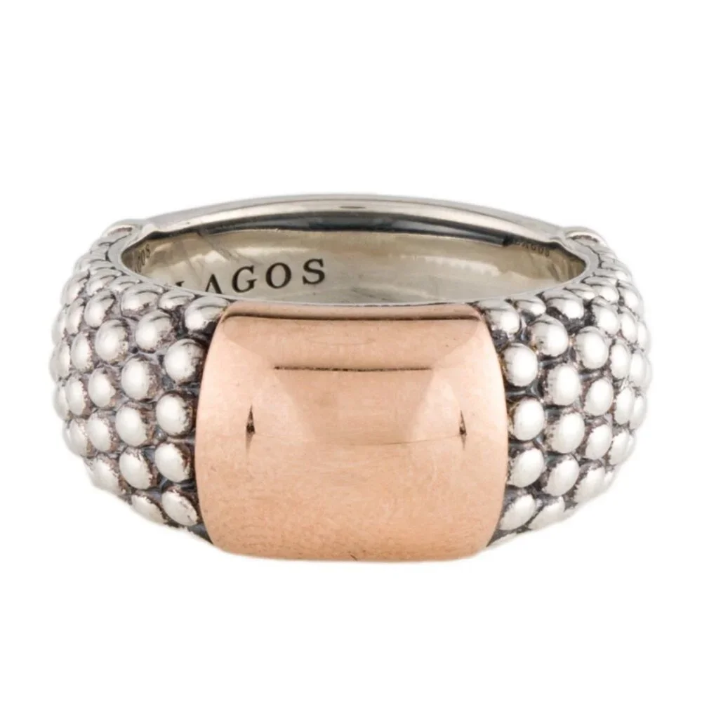 LAGOS TWO-TONE 18K ROSE GOLD & STERLING SILVER CAVIAR HIGH BAR RING - Picture 5 of 9